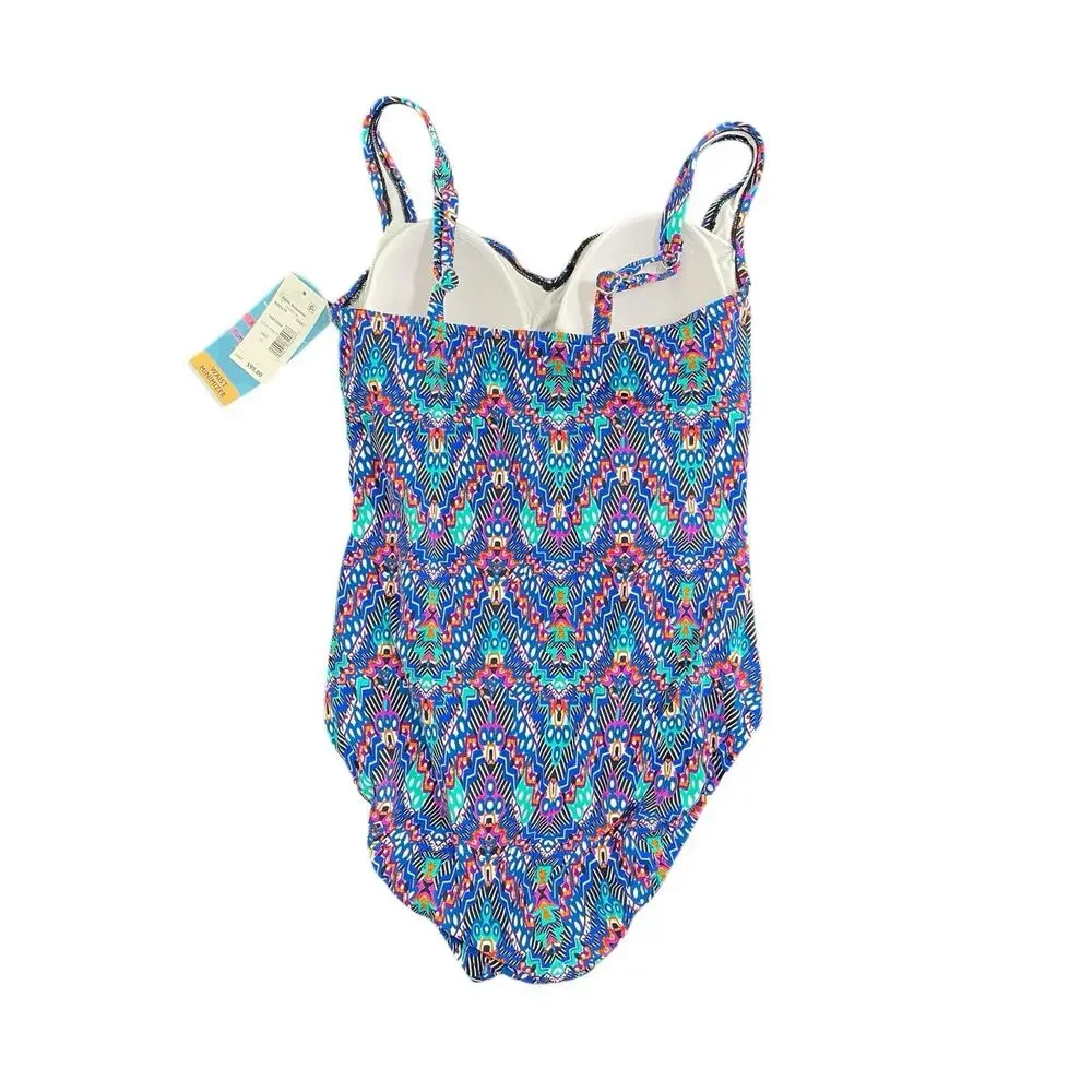 Swim Solutions Tummy Control Shirred Blue One Piece Swimsuit Size 10 Padded NWT - Picture 5 of 6
